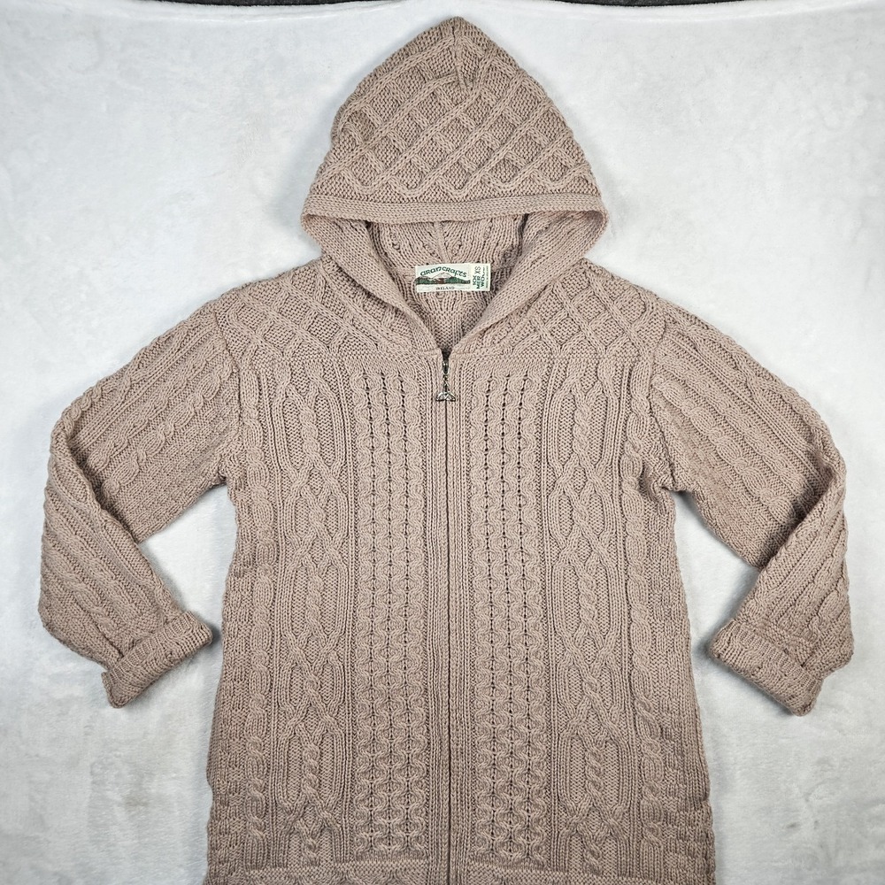 Aran Crafts Irish Wool Cable Knit Full Zip Cardigan Hoodie Womens XS Toupe Long - Picture 2 of 15